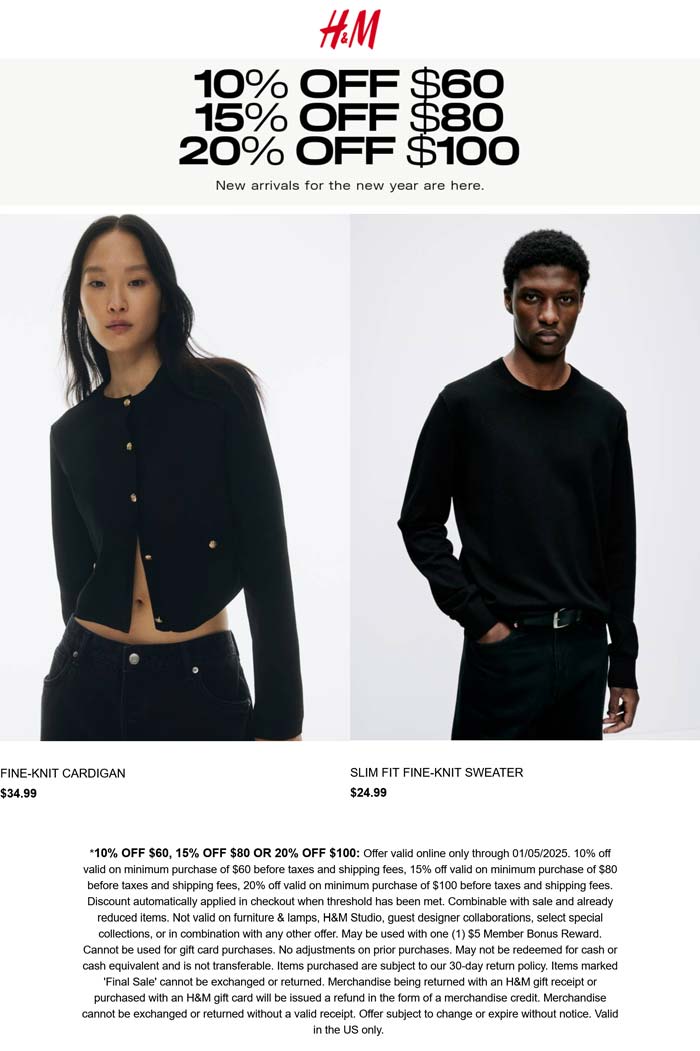 H&M stores Coupon  10-20% off $60+ today online at H&M #hm 