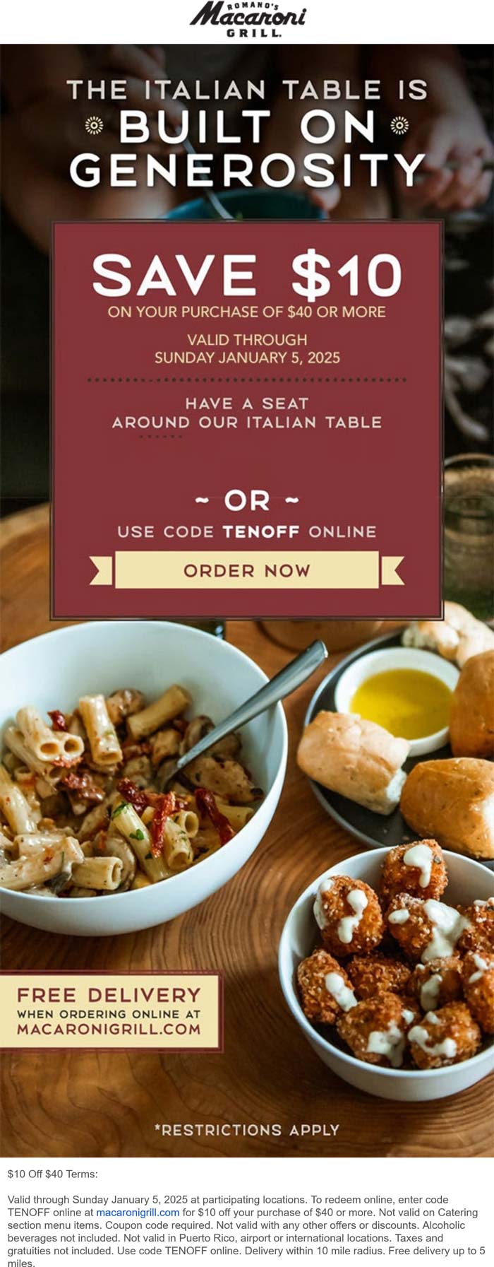 Macaroni Grill restaurants Coupon  $10 off $40 today at Macaroni Grill restaurants, or online via promo code TENOFF #macaronigrill 