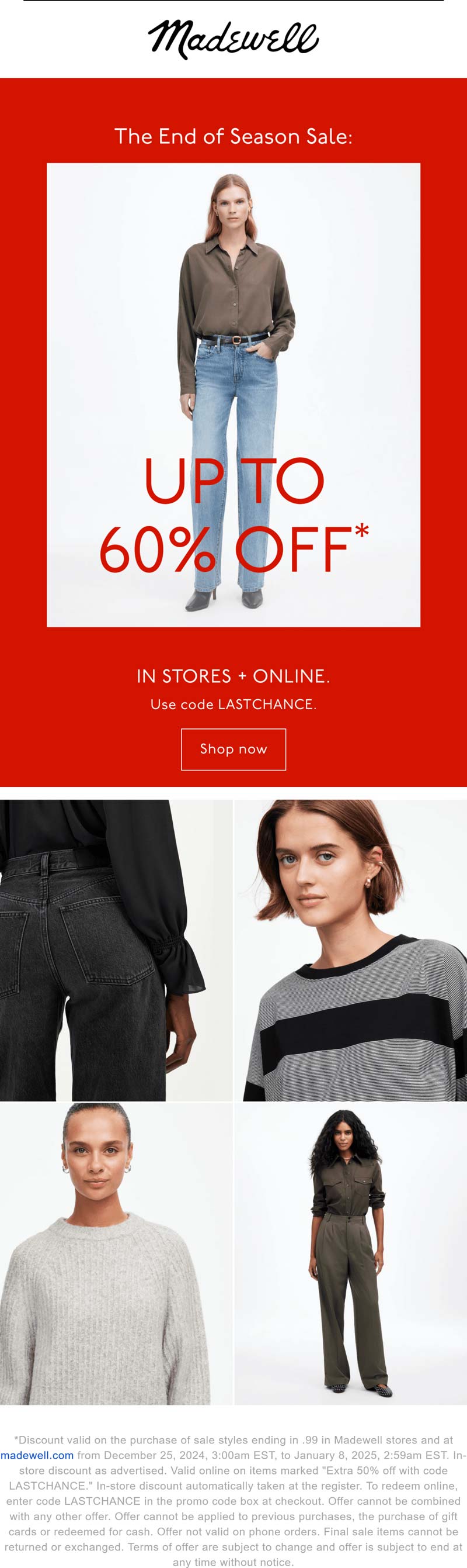 Madewell stores Coupon  Extra 50% off at Madewell, or online via promo code LASTCHANCE #madewell 