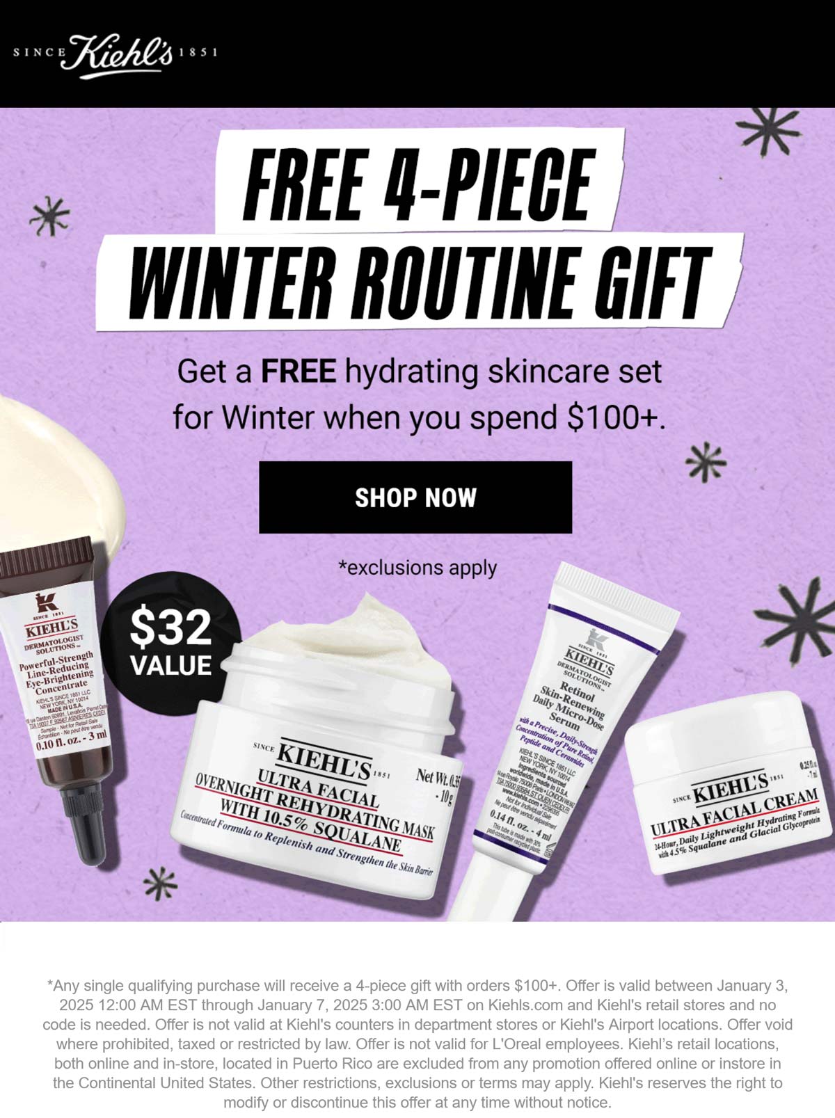 Kiehls stores Coupon  Free 4pc on $100 today at Kiehls #kiehls 