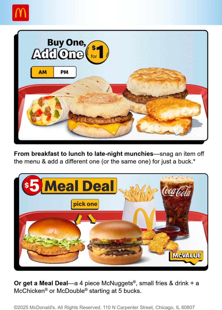 McDonalds restaurants Coupon  Second of the same item for $1 at McDonalds restaurants #mcdonalds 