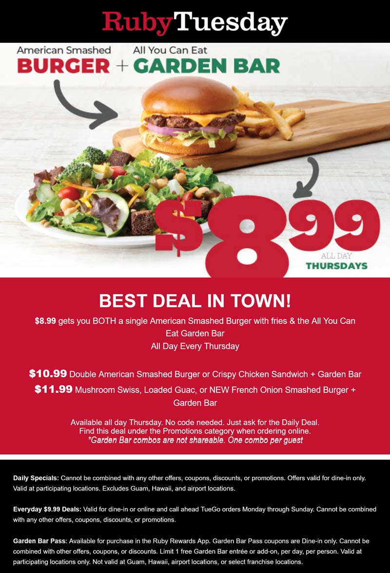 Ruby Tuesday restaurants Coupon  Cheeseburger + fries + bottomless garden bar = $9 today at Ruby Tuesday #rubytuesday 