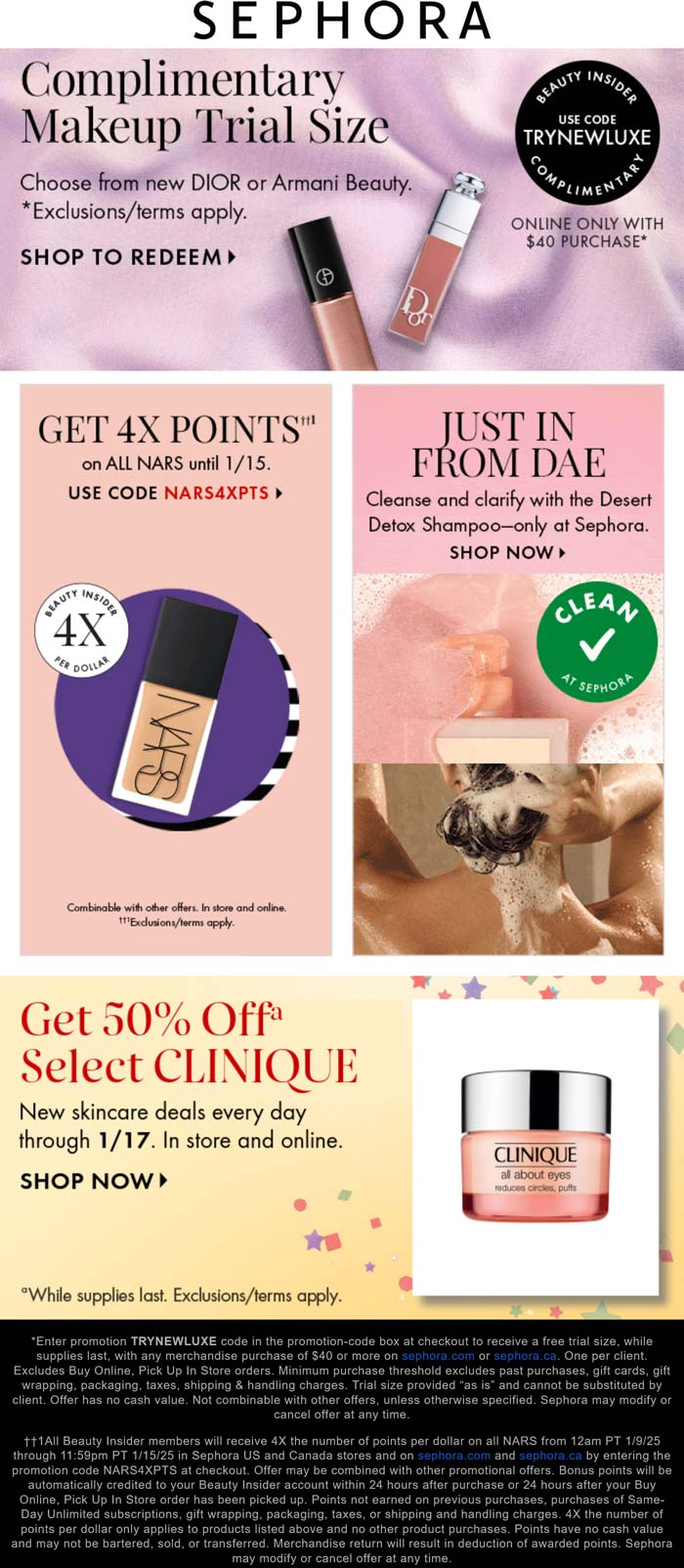 Sephora stores Coupon  Trial size free on $40 at Sephora via promo code TRYNEWLUXE #sephora 