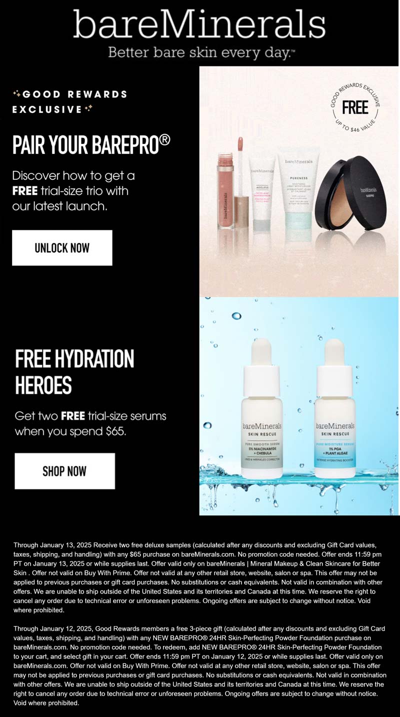 bareMinerals stores Coupon  2 serums free on $65 & more at bareMinerals #bareminerals 