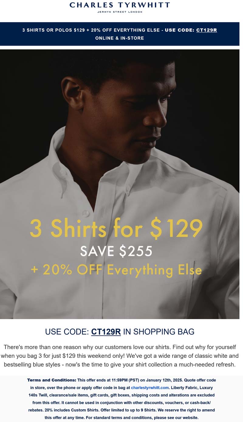 Charles Tyrwhitt stores Coupon  20% off everything at Charles Tyrwhitt via promo code CT129R #charlestyrwhitt 