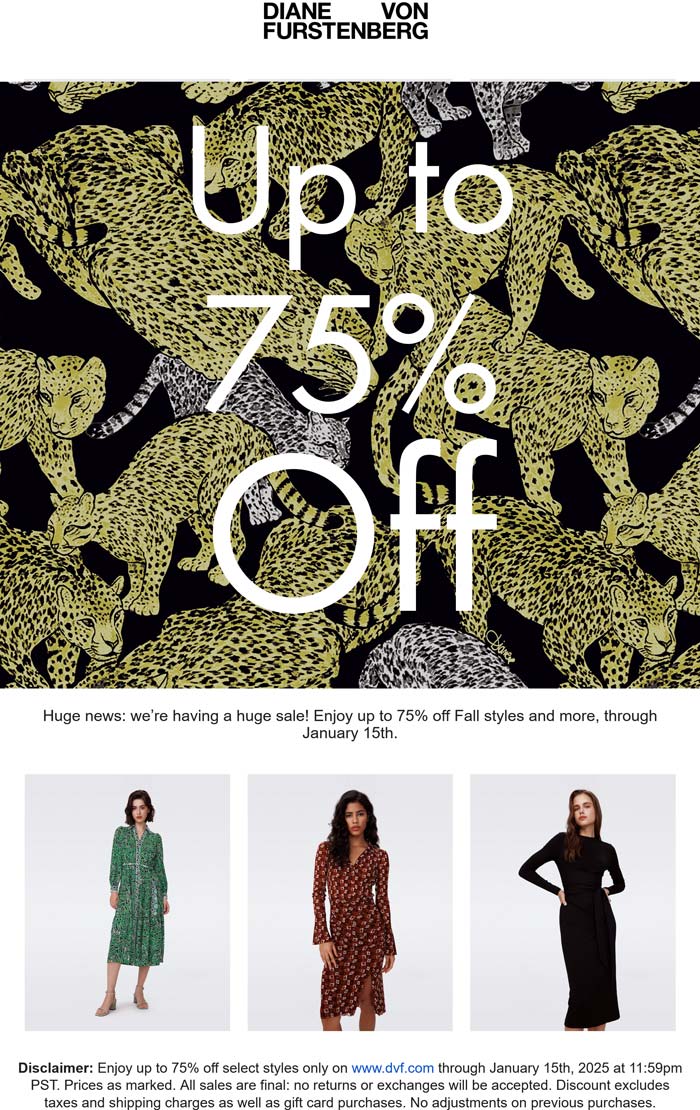 DVF stores Coupon  75% off fall styles online at DVF #dvf 