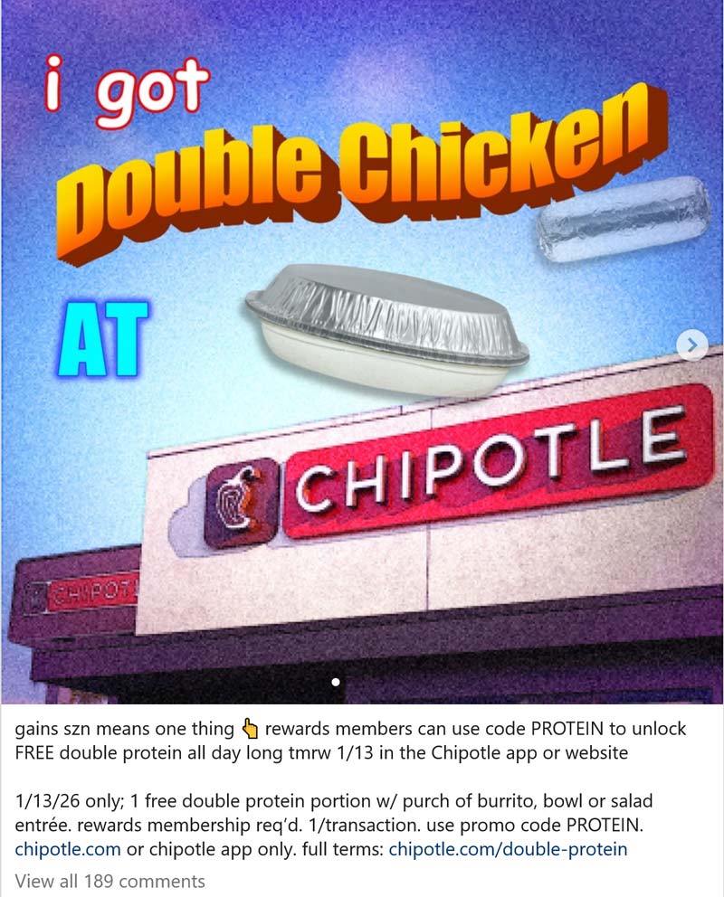 Chipotle restaurants Coupon  Free double protein portion with your entree today at Chipotle #chipotle 