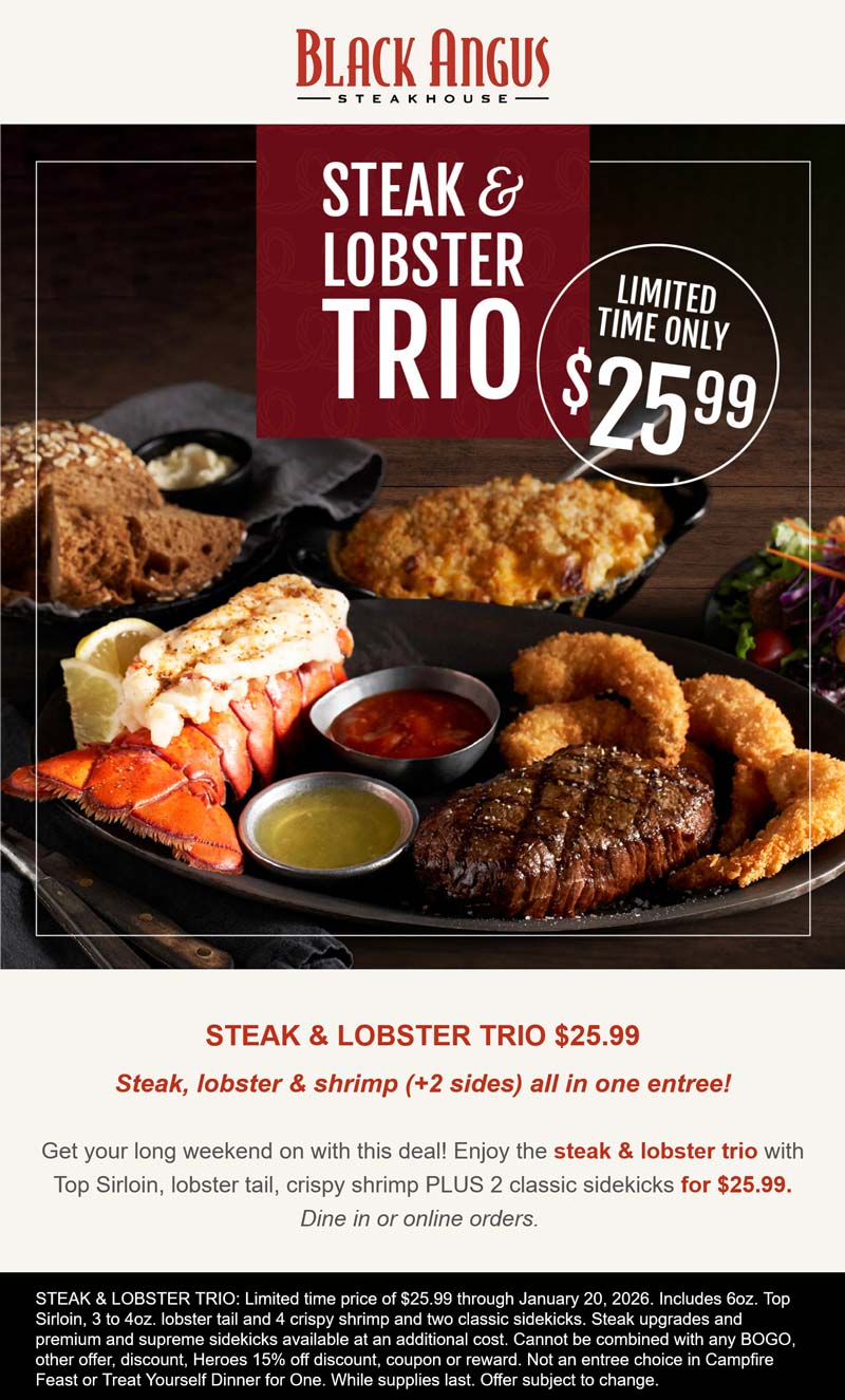 Black Angus restaurants Coupon  Steak & lobster trio meal = $26 at Black Angus steakhouse #blackangus 