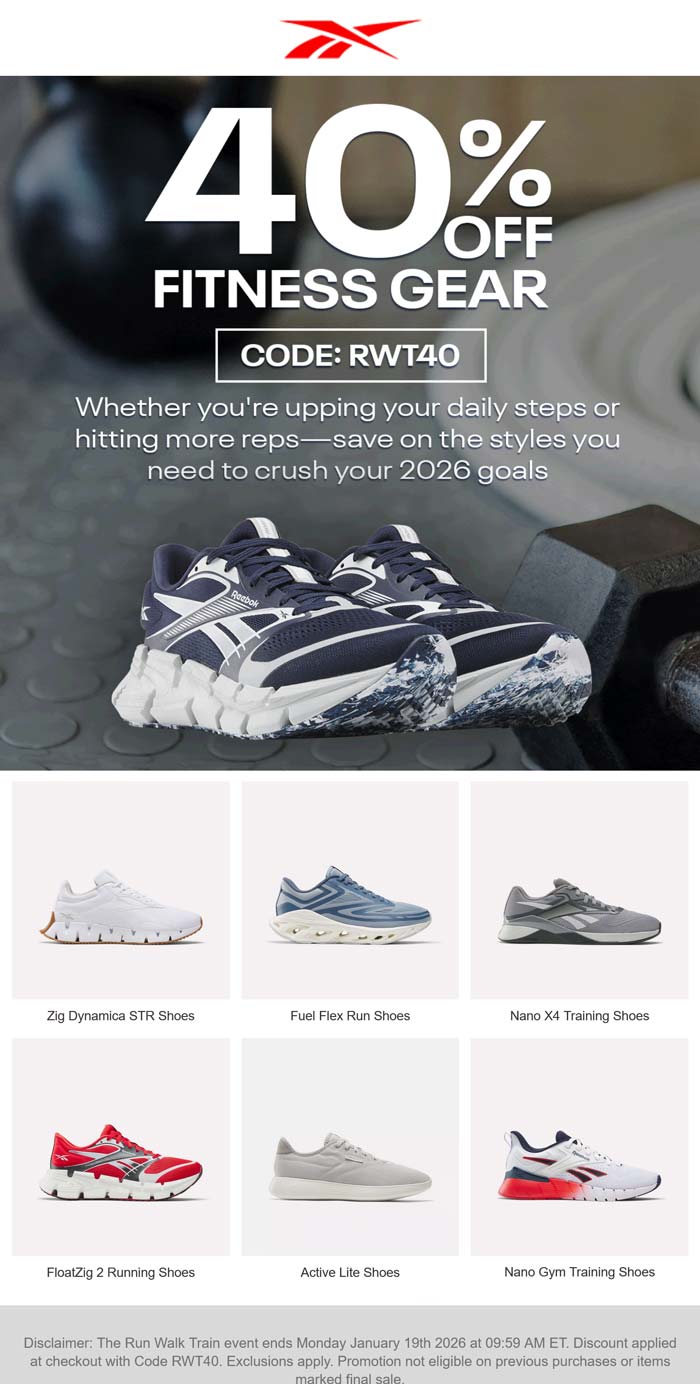 Reebok stores Coupon  40% off fitness gear at Reebok via promo code RWT40 #reebok 