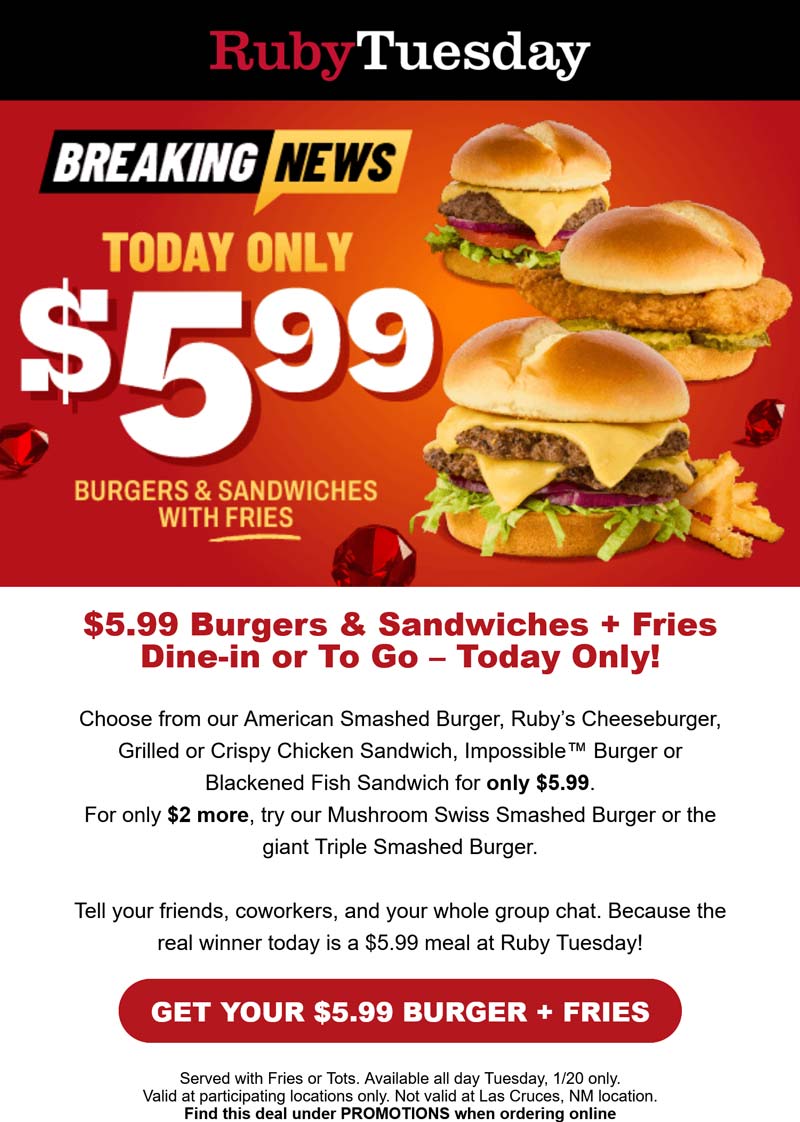 Ruby Tuesday restaurants Coupon  $6 cheeseburger + fries today at Ruby Tuesday #rubytuesday 