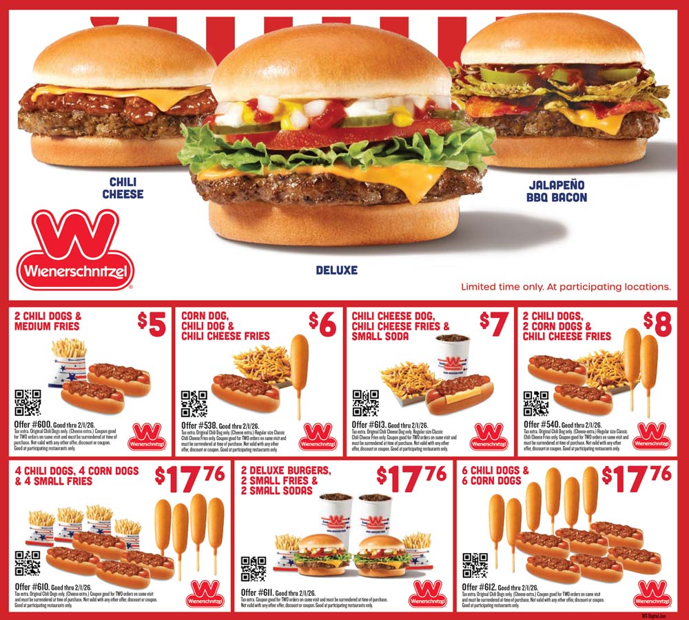 Wienerschnitzel 2 chili dogs + fries = $6 & more at Wienerschnitzel restaurants #wienerschnitzel Wienerschnitzel restaurants Coupon 2 chili dogs + fries = $6 & more at Wienerschnitzel restaurants #wienerschnitzel