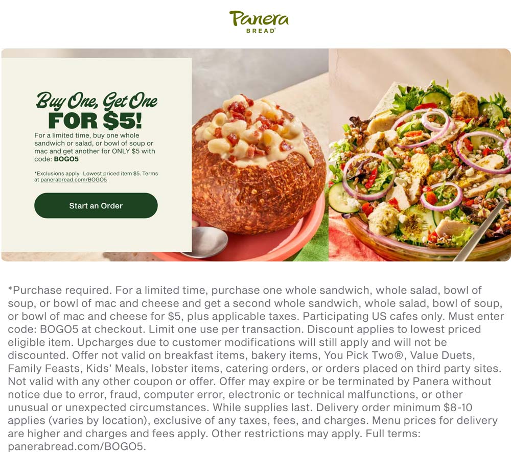 Panera Bread Second entree $5 at Panera Bread via promo code BOGO5 #panerabread Panera Bread restaurants Coupon Second entree $5 at Panera Bread via promo code BOGO5 #panerabread
