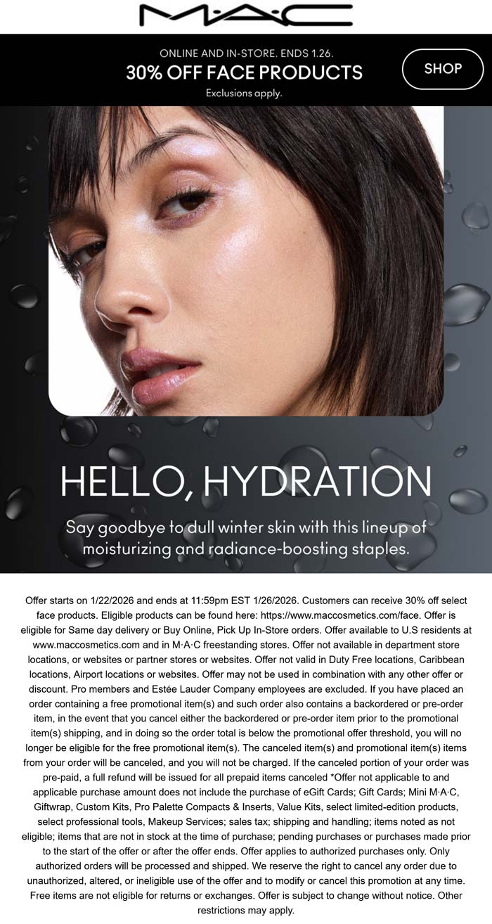 MAC stores Coupon  30% off face products at MAC cosmetics, ditto online #mac 