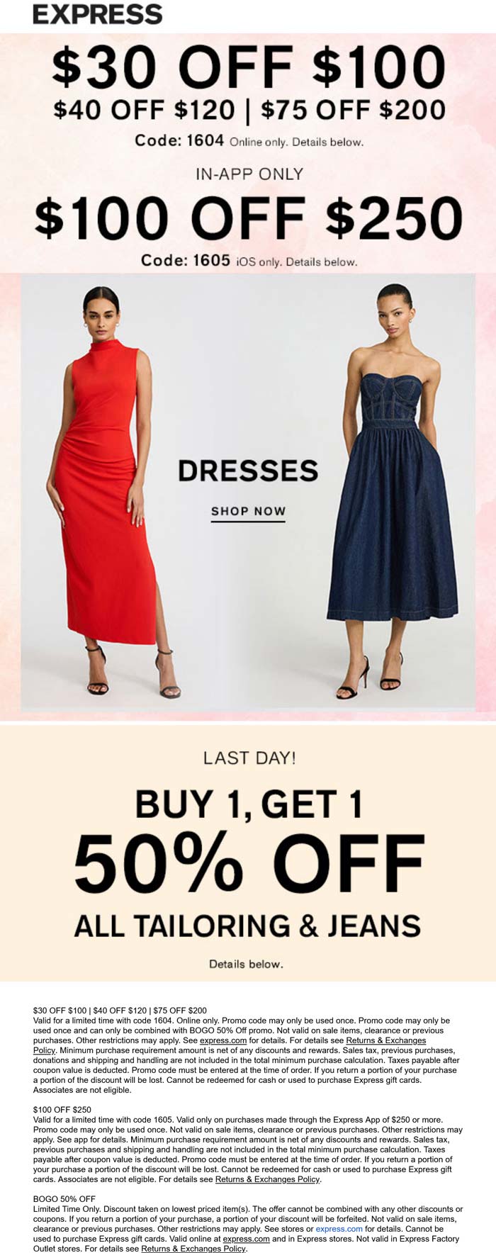 Express $30-$75 off $100+ & more today at Express via promo code 1604 #express Express stores Coupon $30-$75 off $100+ & more today at Express via promo code 1604 #express