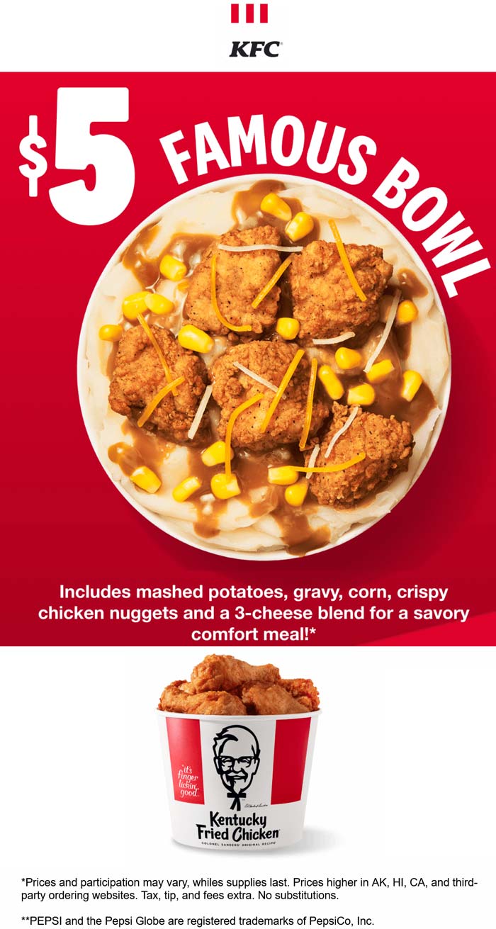KFC restaurants Coupon  $5 famous chicken bowl at KFC #kfc 