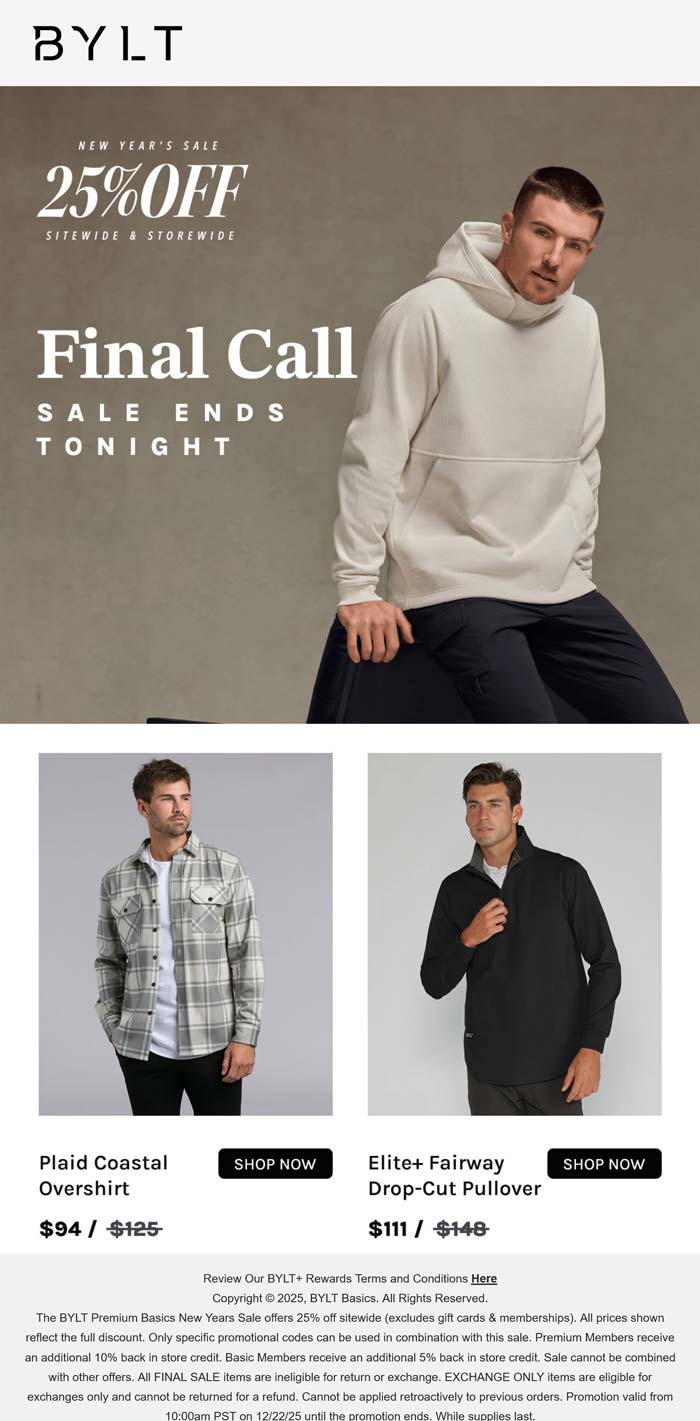 BYLT stores Coupon  25% off everything today at BYLT, ditto online #bylt 