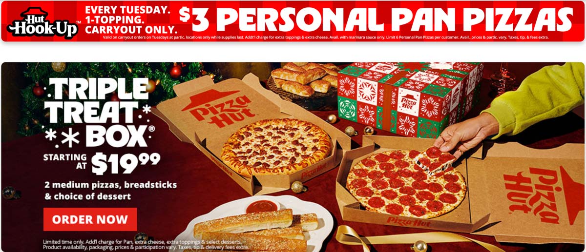 Pizza Hut restaurants Coupon  $3 personal pan pizza today at Pizza Hut #pizzahut 