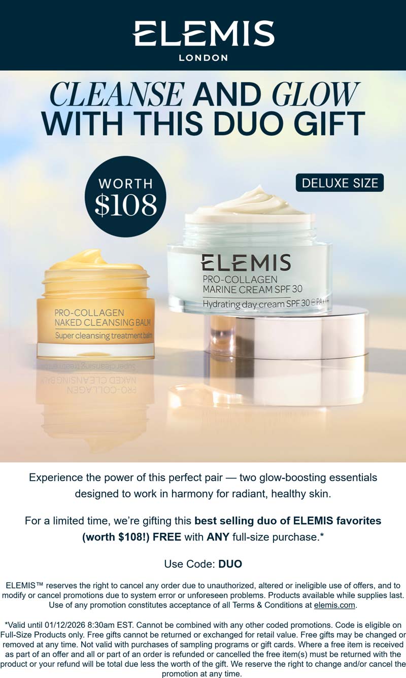 Elemis stores Coupon  Free $108 duo with any full size at Elemis via promo code DUO #elemis 