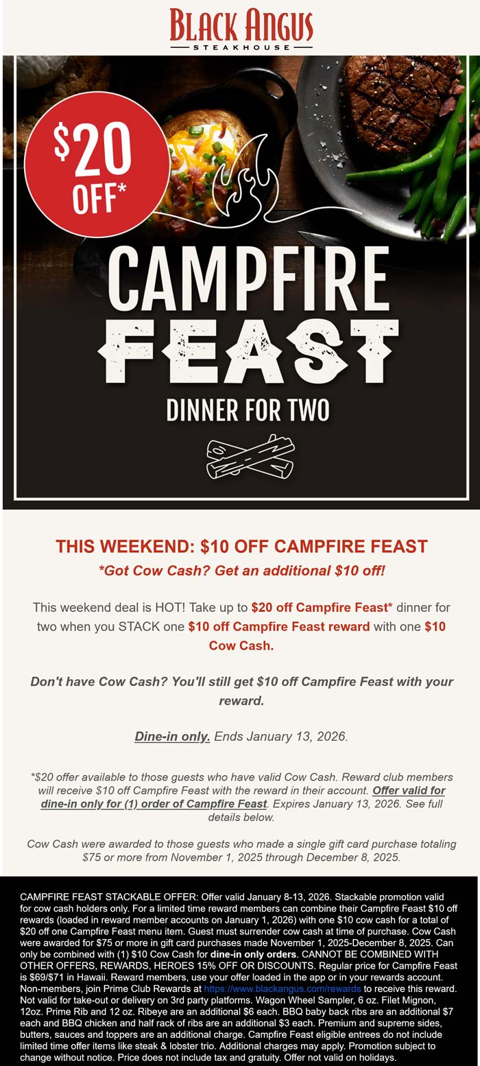 Black Angus restaurants Coupon  $20 off campfire feast for 2 at Black Angus steakhouse #blackangus 