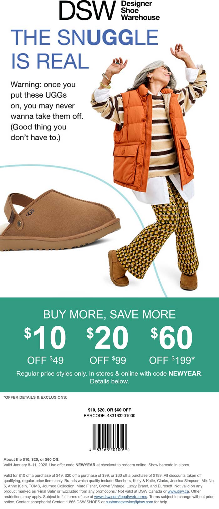 DSW stores Coupon  $10-$60 off $49+ at DSW shoes, or online via promo code NEWYEAR #dsw 