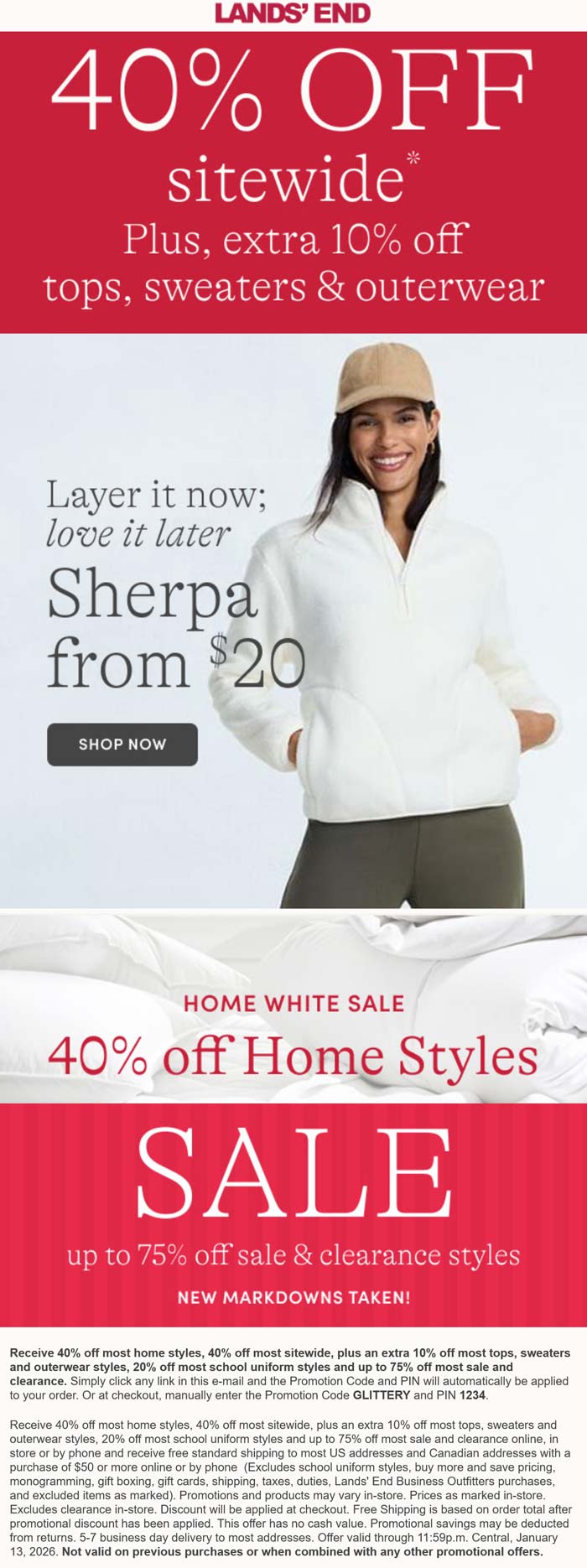 Lands End stores Coupon  40-50% off everything at Lands End via promo code GLITTERY and pin 1234 #landsend 