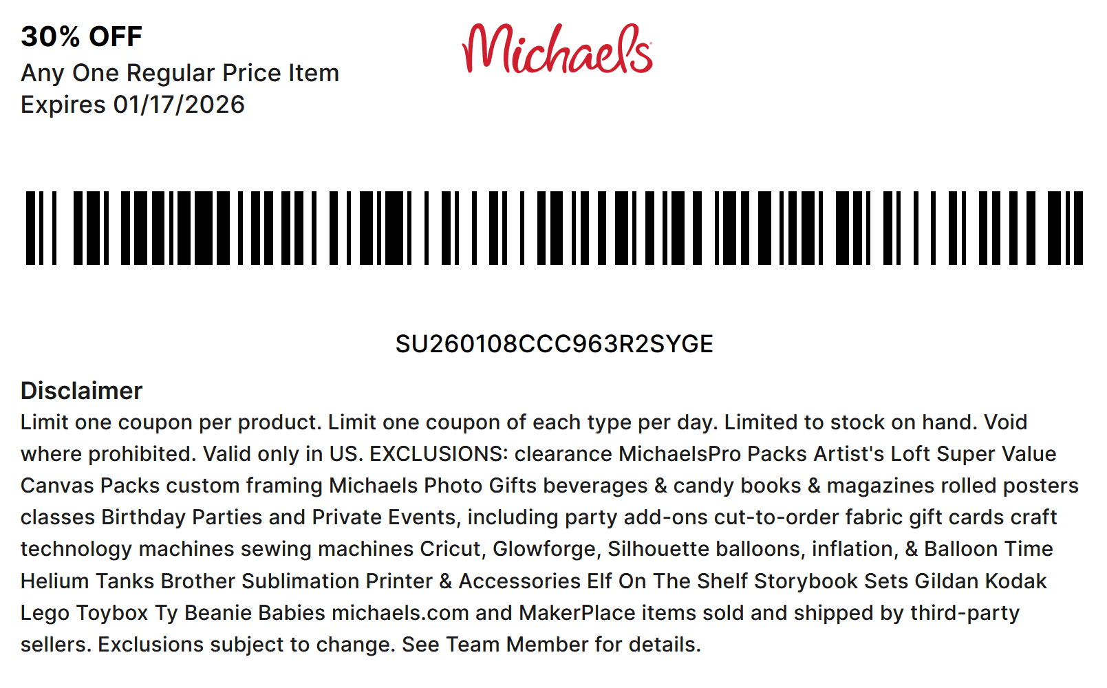 Michaels stores Coupon  30% off a single item at Michaels, or 25% everything online via promo code JAN25OFF #michaels 