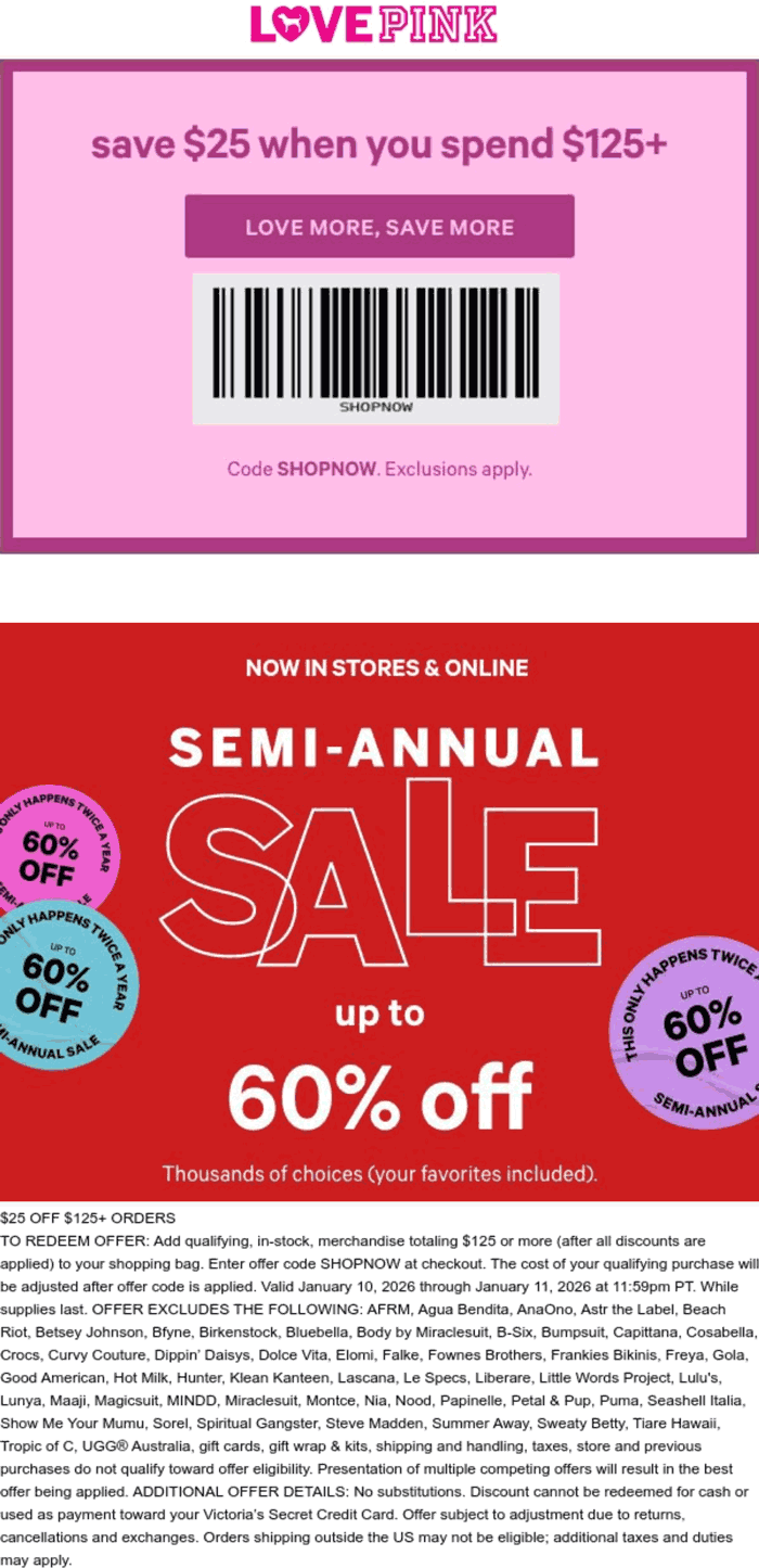 PINK stores Coupon  $25 off $125 at PINK, or online via promo code SHOPNOW #pink 
