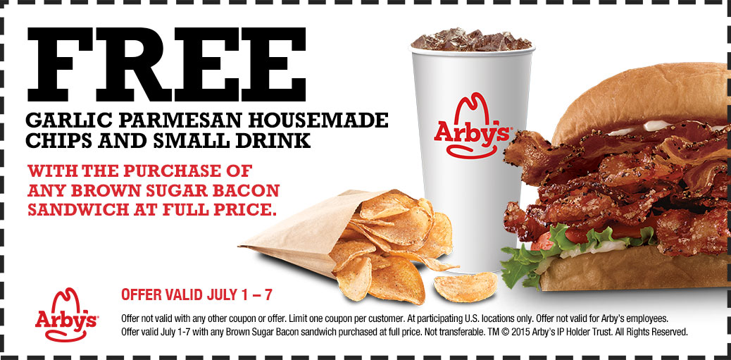 Arbys Coupon April 2024 Free garlic parmesan chips & drink with your bacon sandwich at Arbys