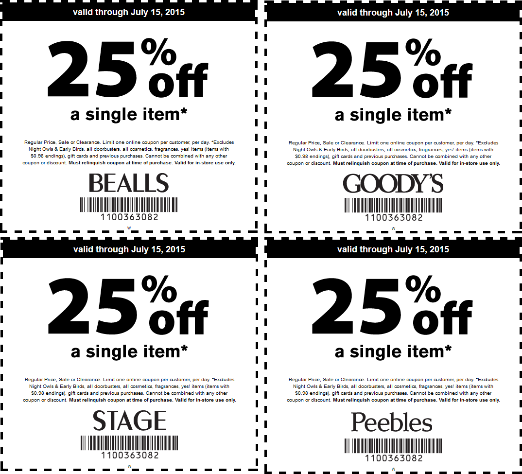 Bealls Coupon April 2024 25% off a single item at Goodys, Peebles, Bealls & Stage Stores