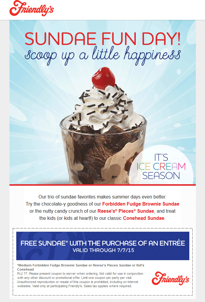 Friendlys Coupon April 2024 Free ice cream sundae with your entree at Friendlys restaurants