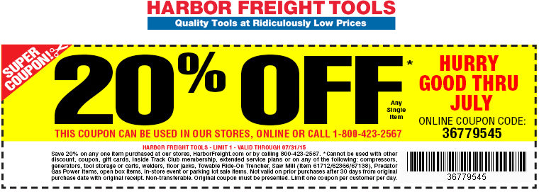 Harbor Freight Tools Coupon March 2024 20% off a single item at Harbor Freight Tools, or online via promo code 36779545