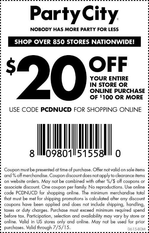 Party City Coupon April 2024 $20 off $100 at Party City, or online via promo code PCDNUCD