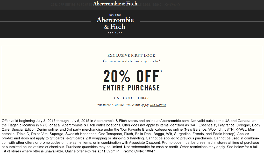 Abercrombie & Fitch Coupon April 2024 20% off at Abercrombie & Fitch, or online via promo code 10847