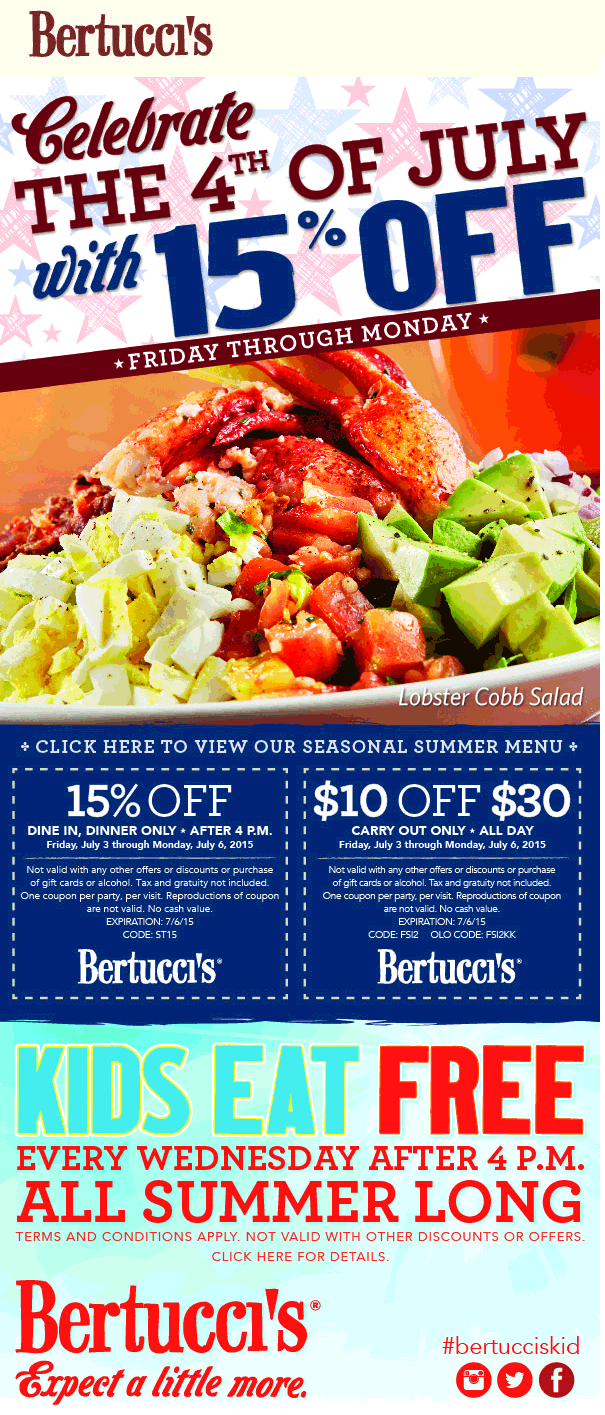 Bertuccis Coupon April 2024 $10 off $30 on takeout, 15% off dinner at Bertuccis