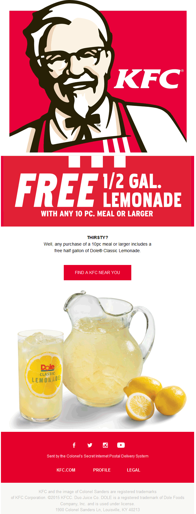 KFC Coupon April 2024 Free lemonade with your 10pc at KFC