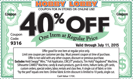 Hobby Lobby Coupon April 2024 40% off a single item at Hobby Lobby, or online via promo code 9316