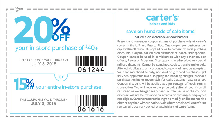 Carters Coupon March 2024 15% off or 20% off $40+ at Carters, or online via promo code JULYSAVE