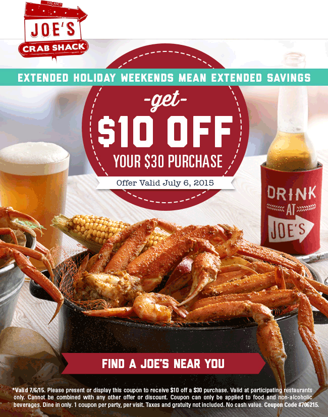 Joes Crab Shack Coupon April 2024 $10 off $30 today at Joes Crab Shack restaurants