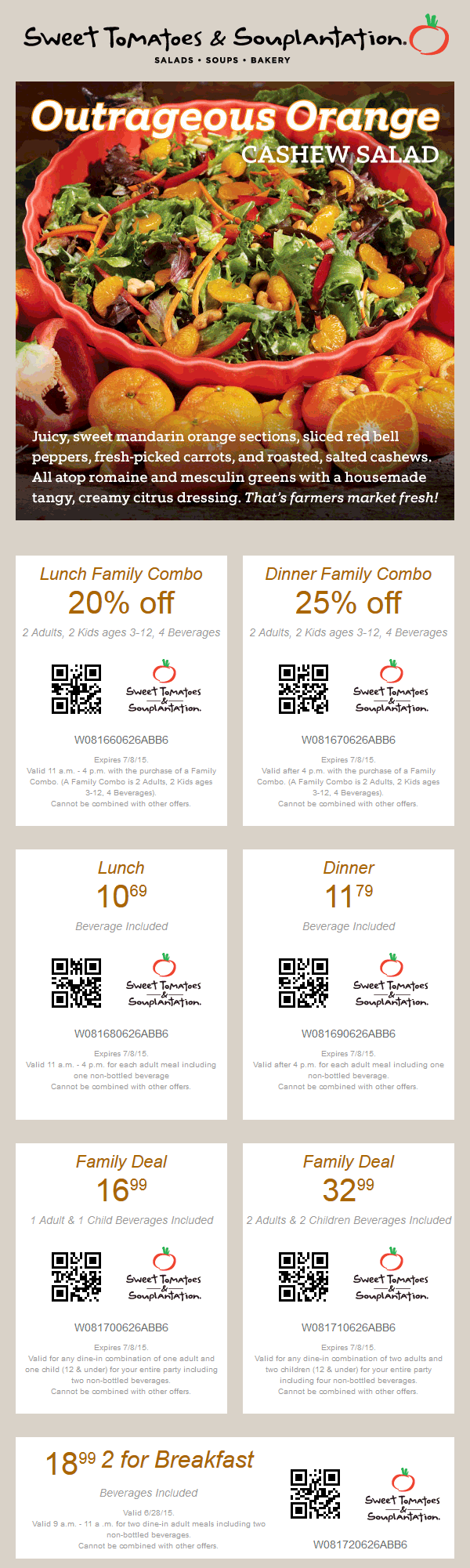 Sweet Tomatoes Coupon April 2024 20% off lunch, 25% off dinner & more at Souplantation & Sweet Tomatoes