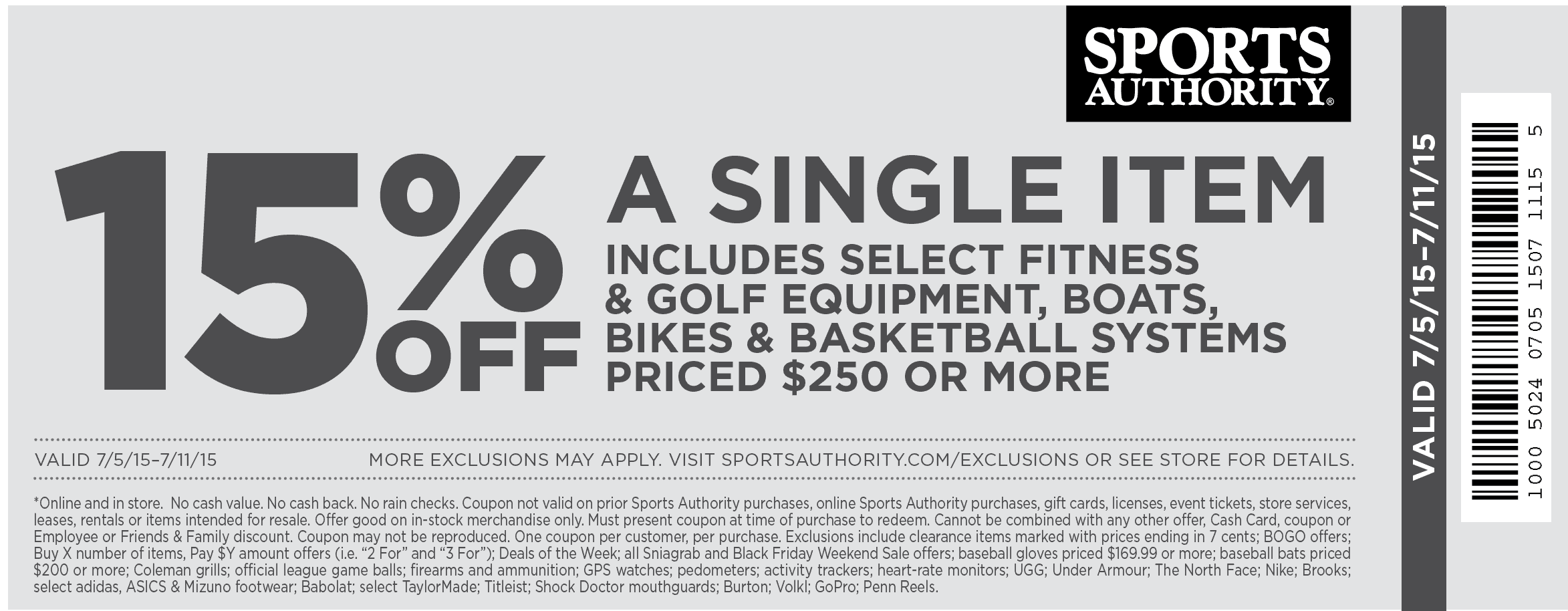 Sports Authority Coupon April 2024 15% off a single big ticket item at Sports Authority, ditto online