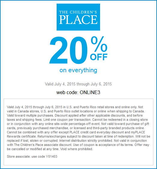 Childrens Place Coupon April 2024 20% off everything today at The Childrens Place, or online via promo code ONLINE3
