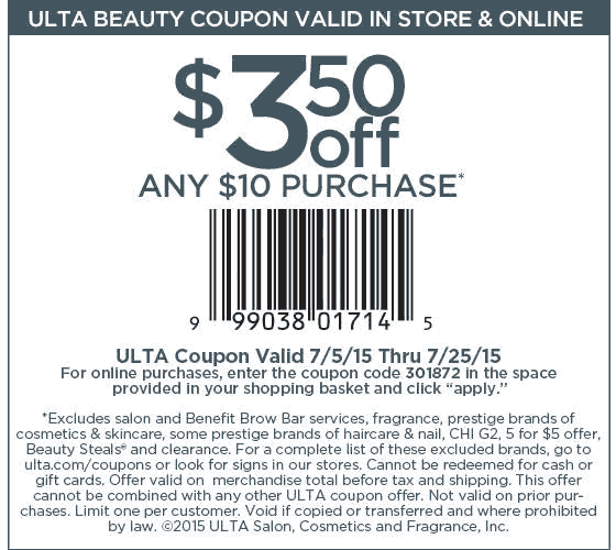 Ulta Coupon March 2024 $3 off $10 at Ulta beauty, or online via promo code 301872
