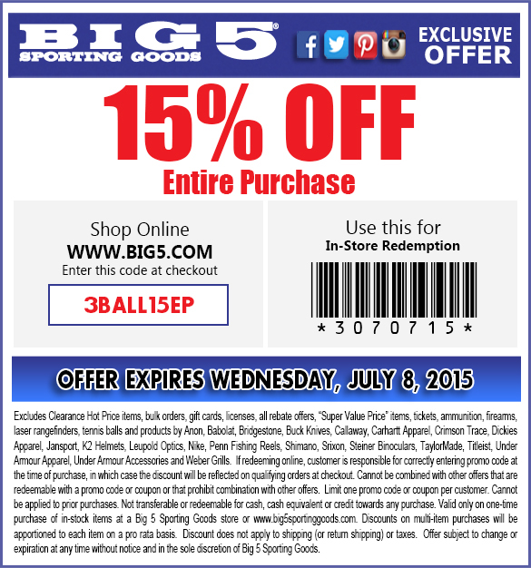 Big 5 Coupon March 2024 15% off at Big 5 sporting goods, or online via promo code 3BALL15EP