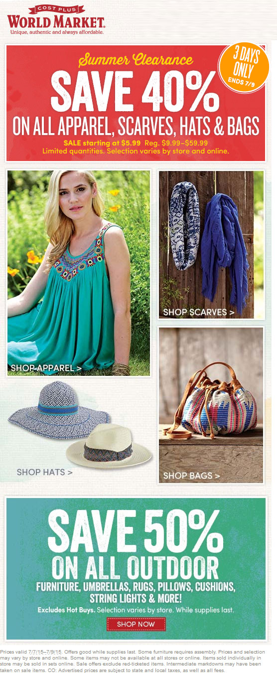 World Market Coupon April 2024 40% off all apparel at Cost Plus World Market, ditto online