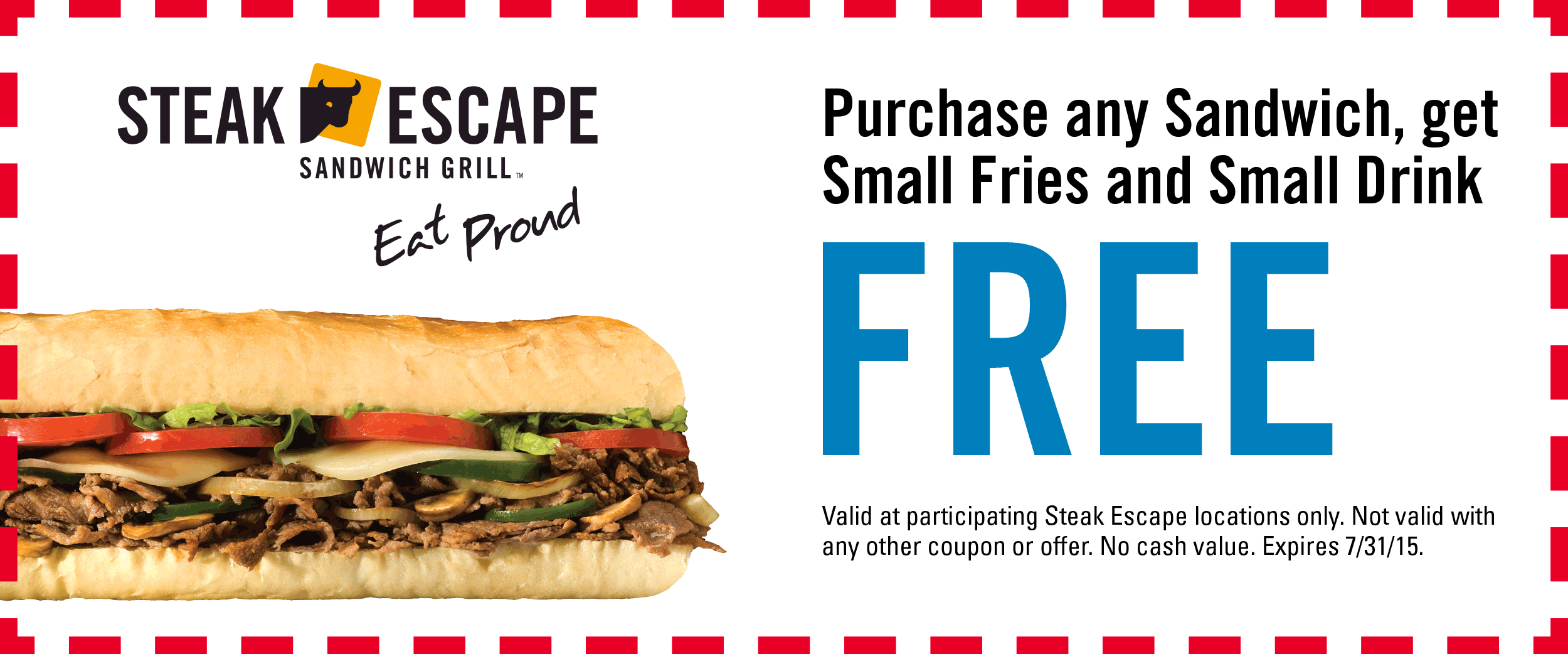 Steak Escape Coupon April 2024 Free fries & drink with your sandwich at Steak Escape grill