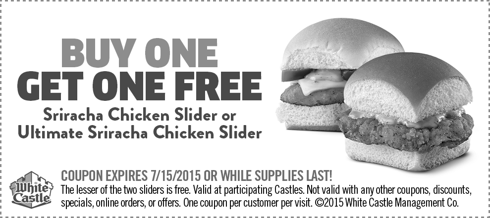 White Castle Coupon March 2024 Second chicken slider free at White Castle