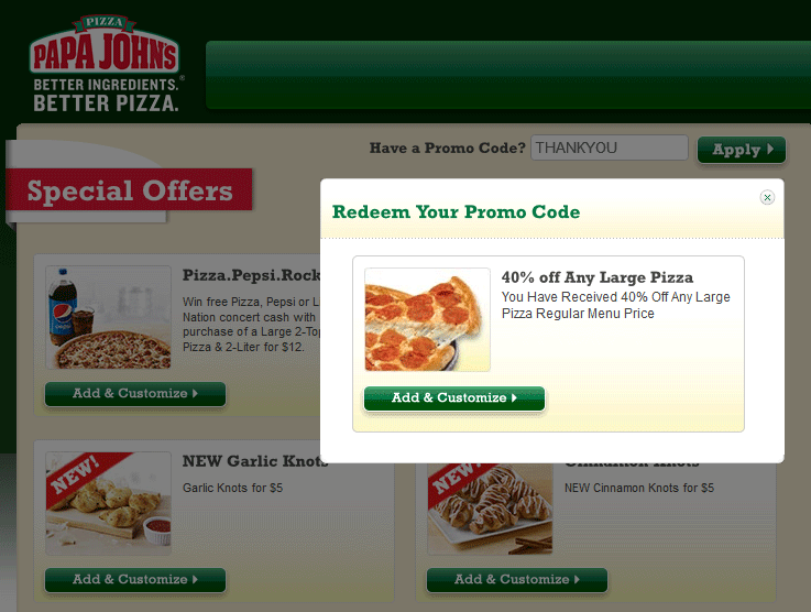 Papa Johns Coupon April 2024 40% off a large pizza at Papa Johns via promo code THANKYOU