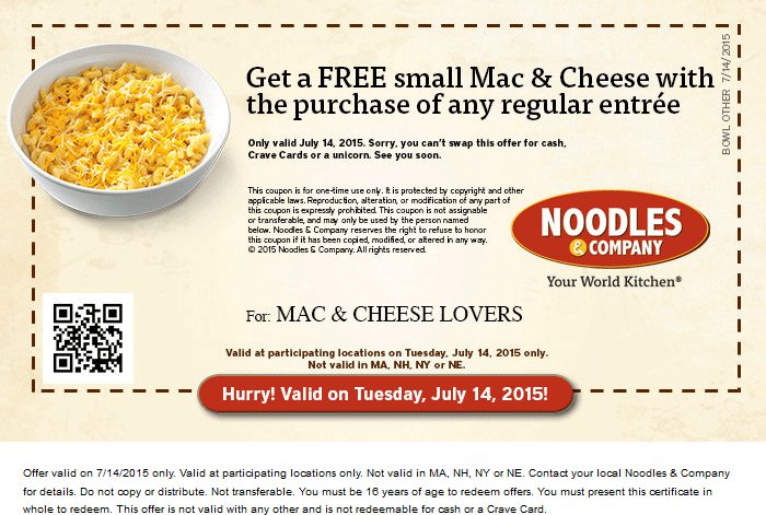 Noodles & Company Coupon March 2024 Free mac & cheese with your entree Tuesday at Noodles & Company