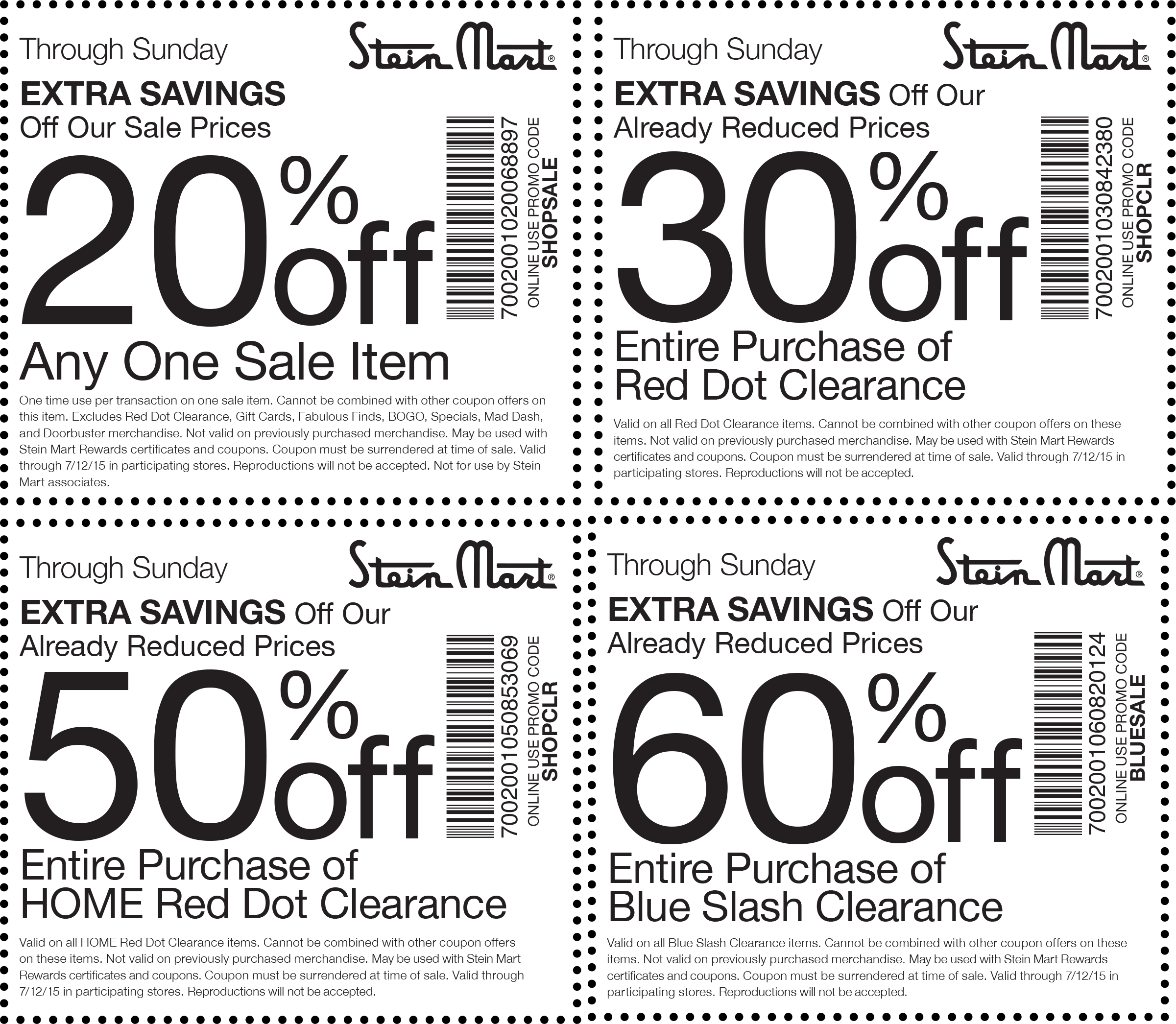 Stein Mart Coupon April 2024 Extra 20% off a single sale item, 60% off clearance & more at Stein Mart, or online via promo code BLUESALE