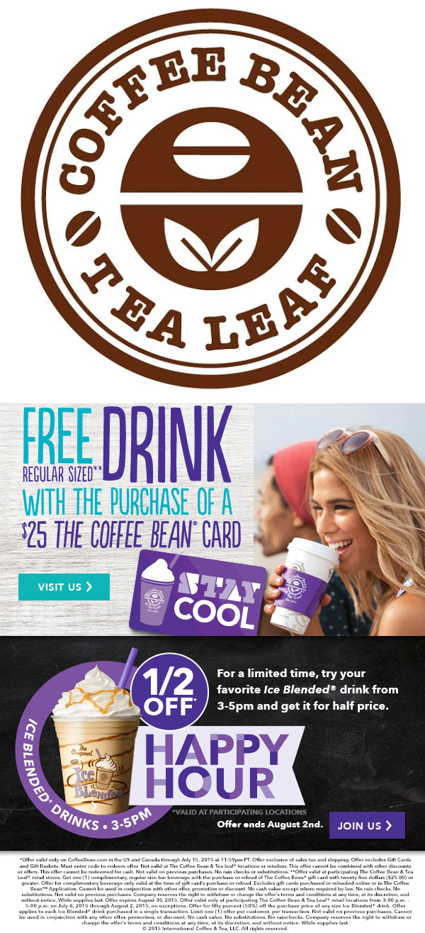 Coffee Bean & Tea Leaf Coupon April 2024 50% off ice blended drinks 3-5pm at Coffee Bean & Tea Leaf